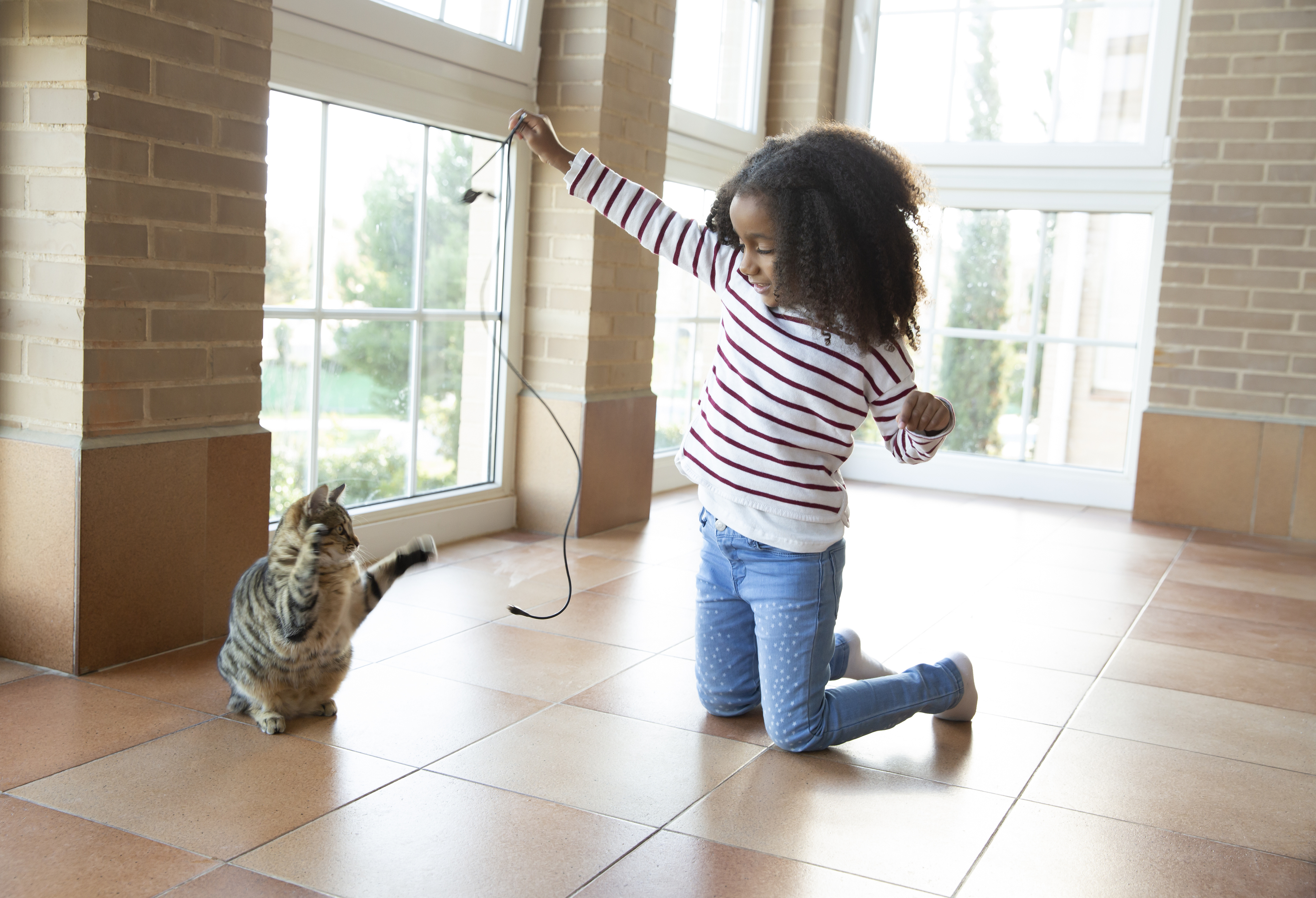 Етничко девојче игра со мачка што држи USB кабел дома за внатрешни работи
